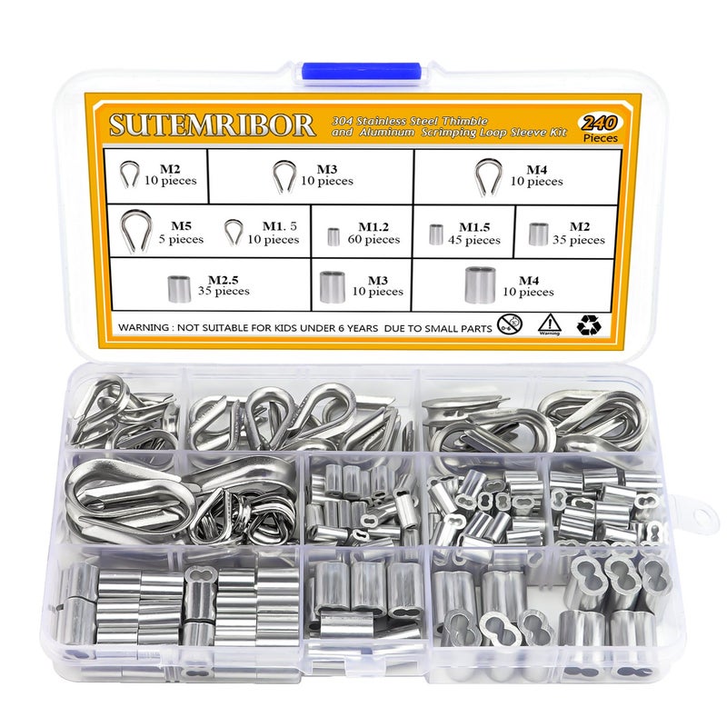 Sutemribor 304 Stainless Steel Wire Rope Cable Thimbles and 6 Sizes Aluminum Crimping Loop Sleeve Assortment Kit  240PCS - Image 1